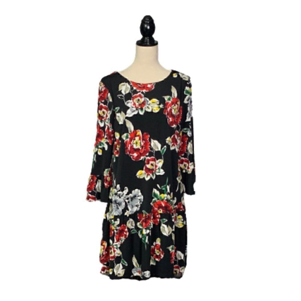Black & Red Floral Bell Sleeve Dress Very Soft & Stretchy